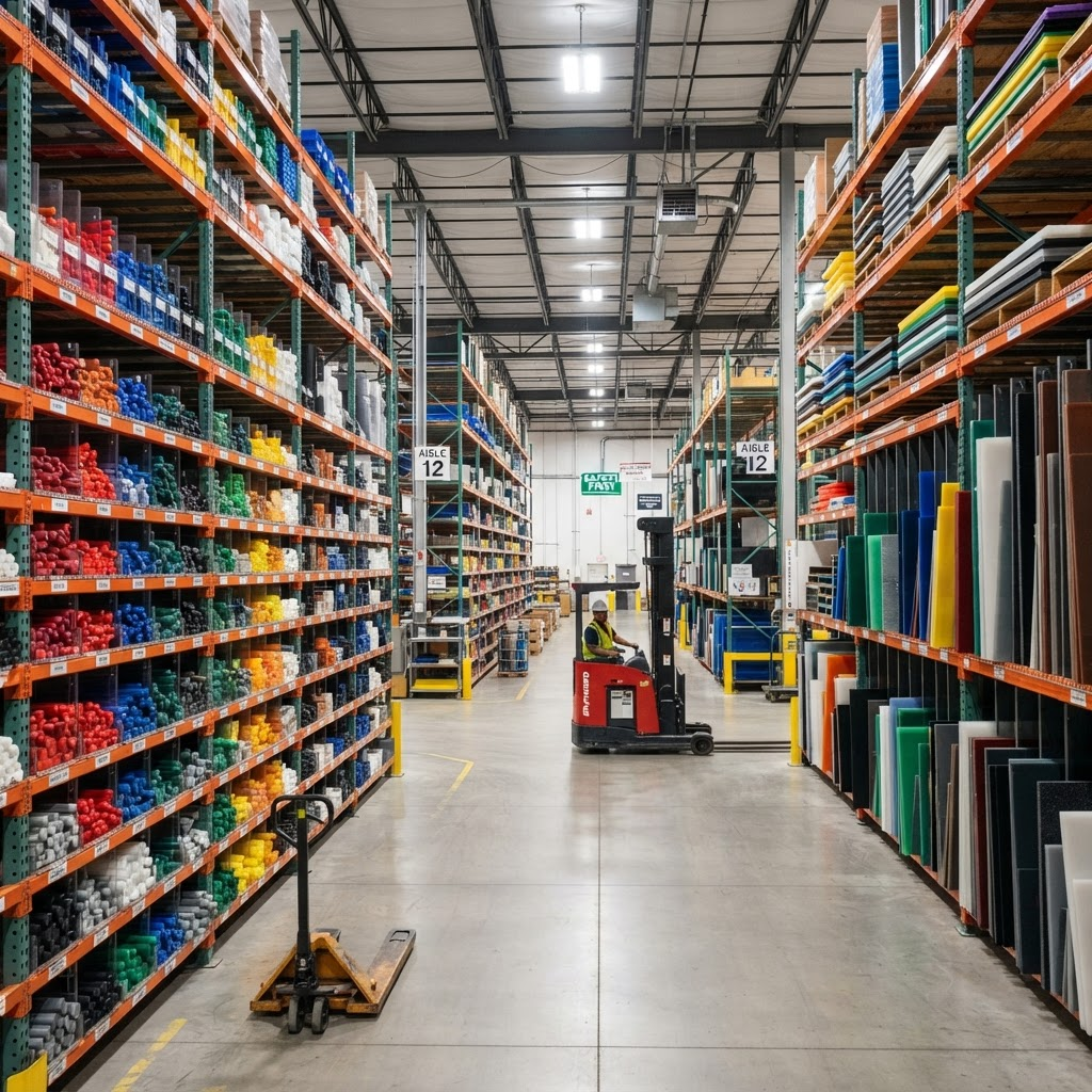 Almacén de plásticos de ingeniería organizado por color